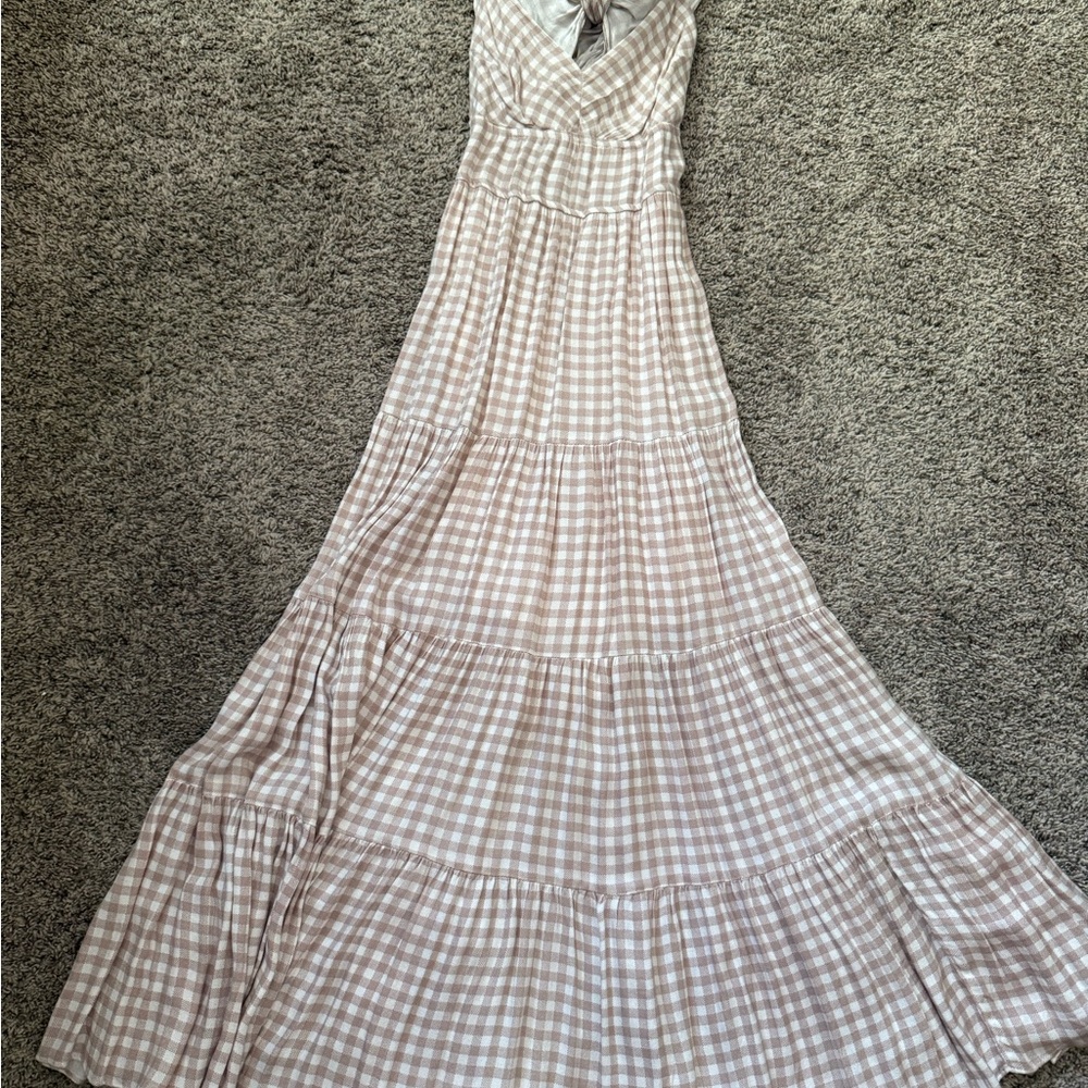 Tiered Gingham Maxi Dress in tan and White